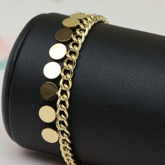 Chic Yellow Gold Bracelet with Round Disc Charms and Adjustable, XPBL0714 - Picture 1 of 12